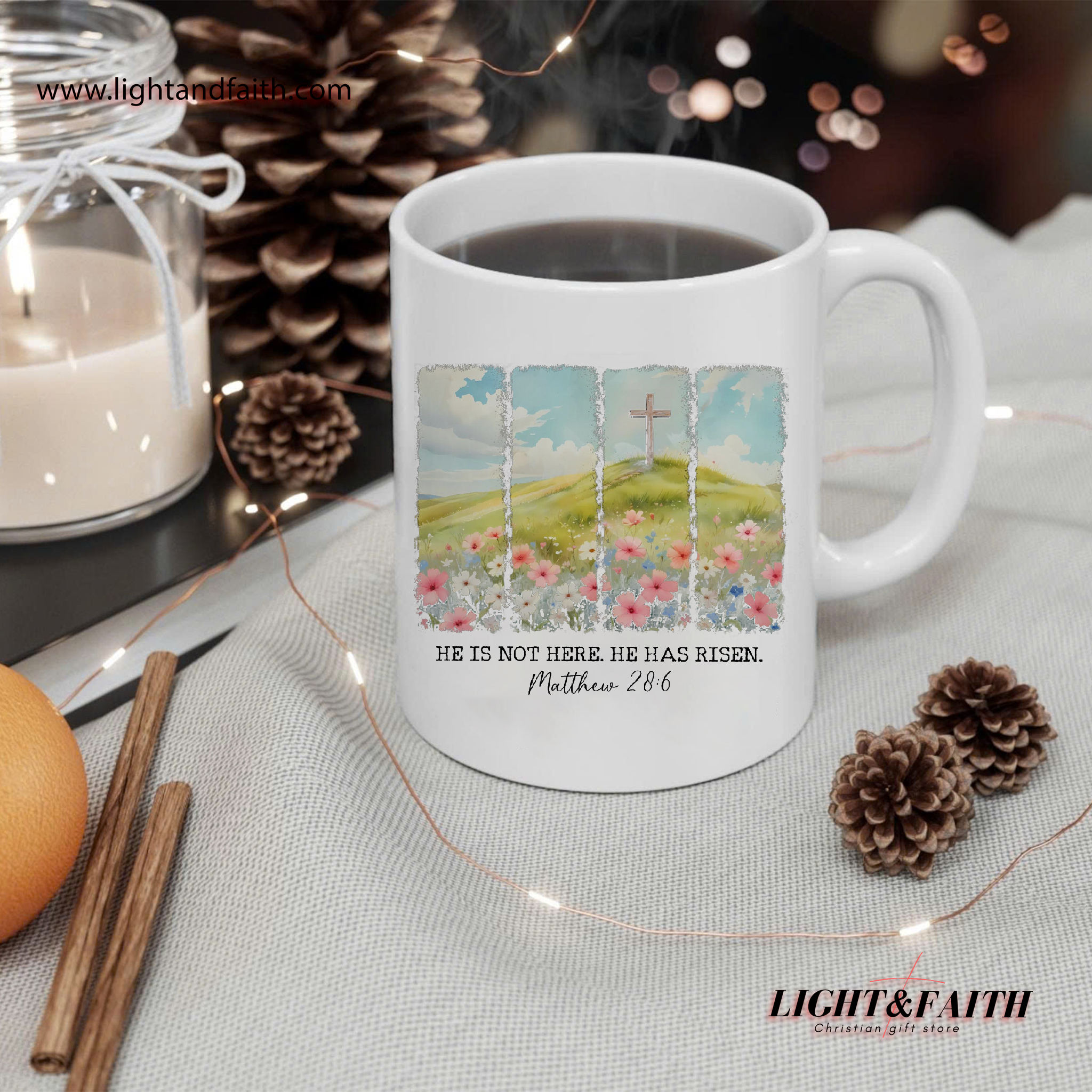 He Is Risen Mug – Matthew 28:6 Easter Christian Mug, Resurrection Bible Verse Cup MULAF39